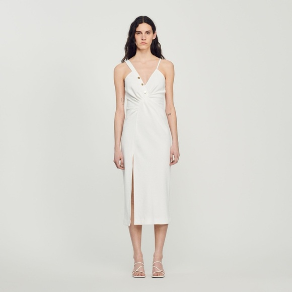 SANDRO  Piqué Midi Dress - Off-White - Picture 3 of 7